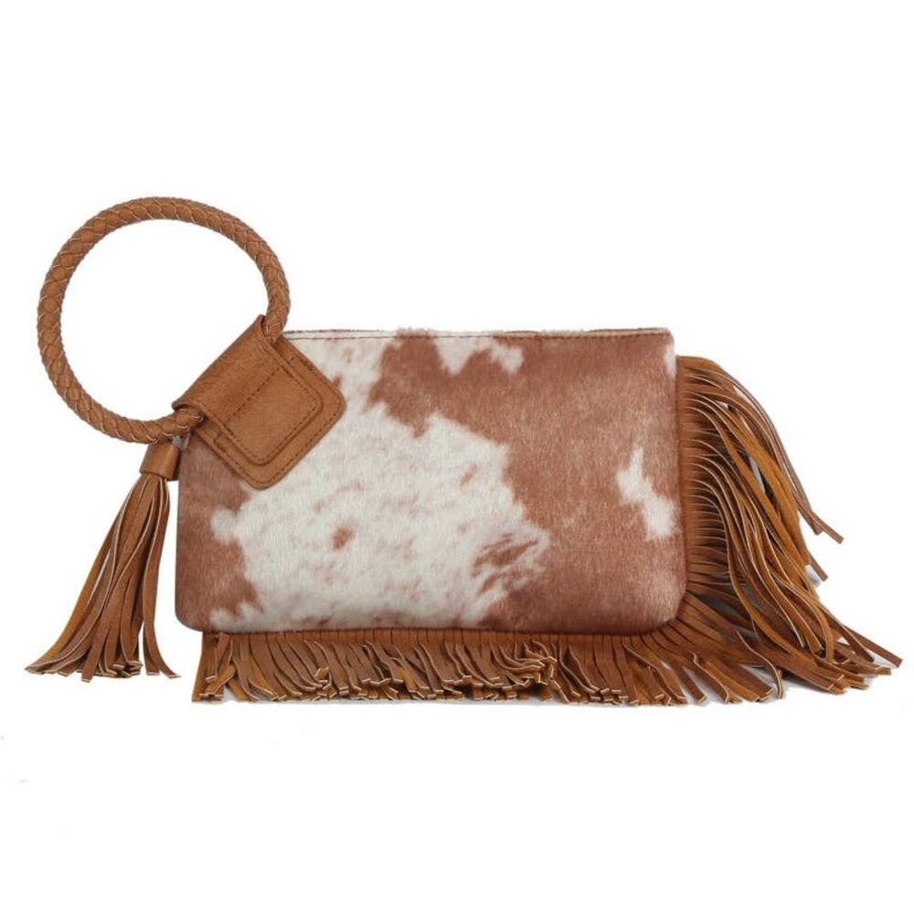Brown Western Fringe Vegan Cowhide Ring Clutch | Boho Tassel Clutch Bag